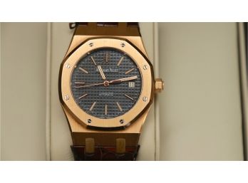 Audemars Piguet 18k Rose Gold Royal Oak Watch With Black Dial Includes Box And Paperwork