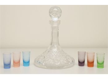Lead Glass Decanter With Colored Glass Shot Glasses