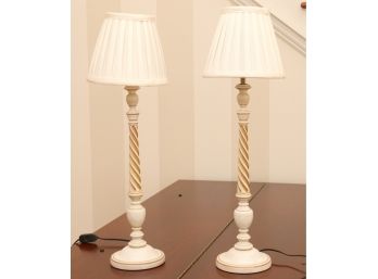Pair Of  White Wooden Turned Stem Table Lamps