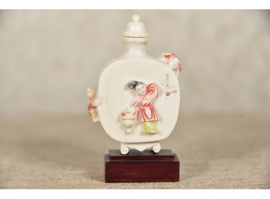 Asian Hand Painted Snuff Bottle With Babies On Side