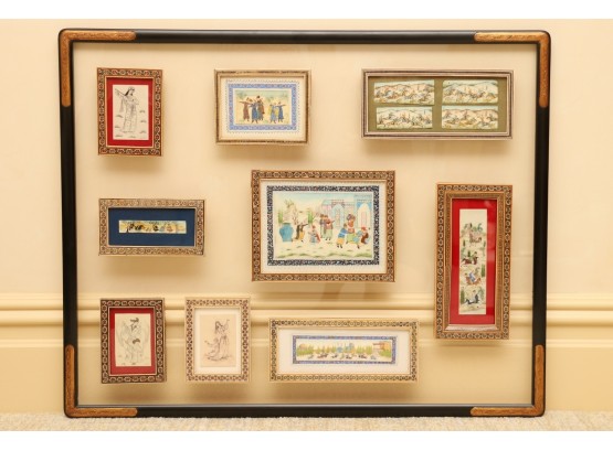 Impressive Collection Of 9 Persian Bone Paintings In Large Floating Frame