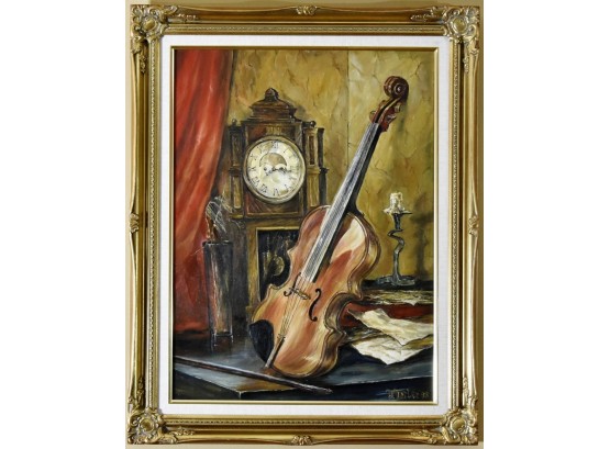 Violin Painting Framed In Linen And Gold Gilded Frame