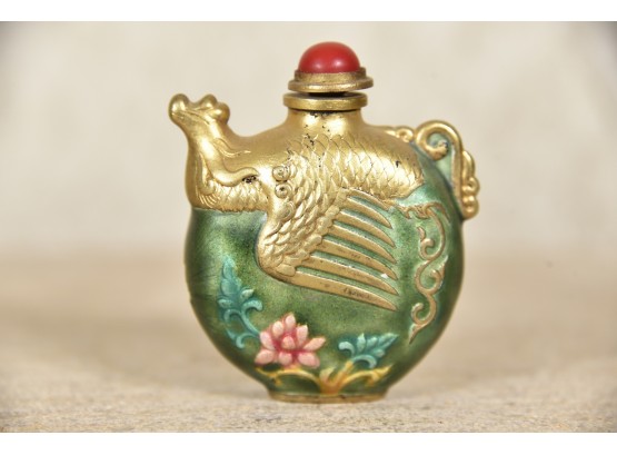 Asian Snuff Bottle Green With Red Stopper