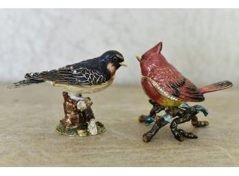 Pair Of Enamel Bird Trinket Box Figurines
