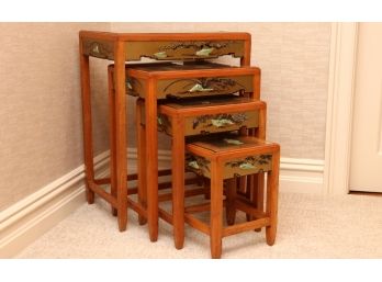 Chinoiserie Hand Painted Gold Lacquer & Wood Mother Of Pearl Nesting Tables