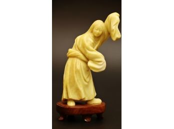 Carved Asian Woman Figurine On Wooden Base