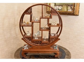 Round Asian Rosewood Display With Crystal Figurines