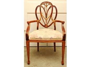 Mahogany Shield Back Arm Chair With Gold Accents & Custom Upholstered Cushion
