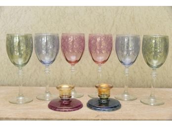 Colored Glass Candlesticks And Glasses