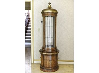 Round Curio Cabinet With Burlwood Base And Brass Finial