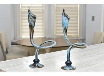 Murano Glass Blue Candlesticks