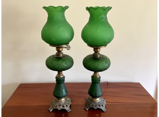 Pair Of Vintage Green Glass Table Lamps
