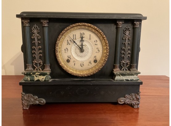 Vintage Wood Mantle Clock With Lions Heads