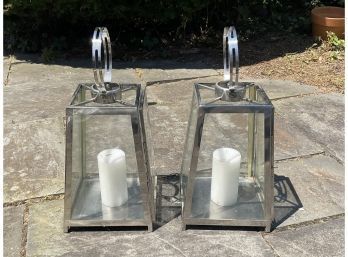 Pair Of Restoration Hardware Glass Lanterns With Candles