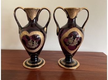 Pair Of Dual Handle Glass Vases