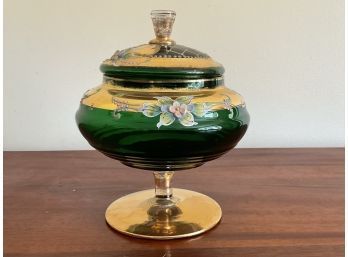 Green Glass Candy Jar With Painted Flowers & Gold Trim