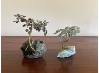Two Bonsasi  Trees With Metal Branches & Stone Base
