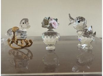 Swarovski Crystal Miniature Duck, Vase With Flowers & Rocking Horse