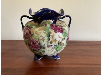 Blue Flower Dual Handle Vase With Gold Accents