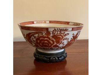 Japanese Porcelain Ware Flower Bowl With Wood Base
