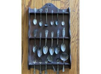Vintage Spoons Collection With Wood Display Case 17 Spoons