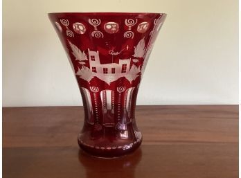 Vintage Egermann Czech Bohemian Ruby Red Etched Cut Clear Glass Vase