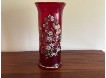 Norleans Red Rudy Glass Cylinder Vase With Painted Flowers & Butterflies