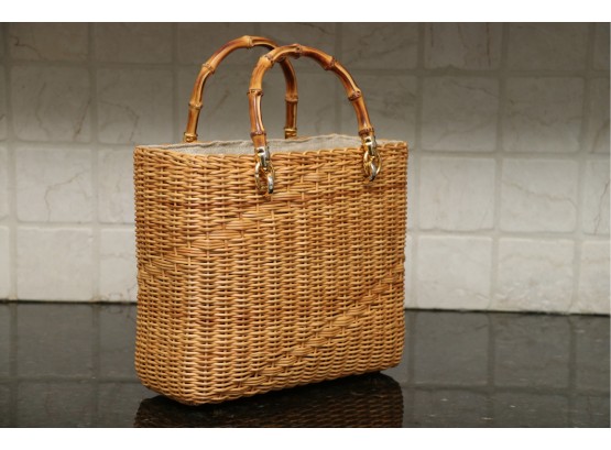 Greta Italy Wicker Handbag With Bamboo Handle