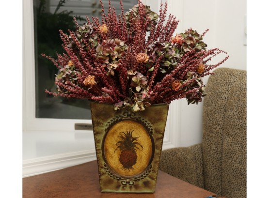 Painted Tin Wall Vase With Lovely Floral Arrangement