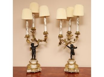 Louis XVI Style Ormolu And Patinated Three-Light Candelabra With Marble Base