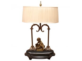 A Brass Figural Cherub Ink Well Table Lamp With Stone Base