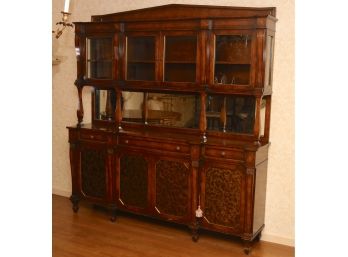 Mahogany Dining Hutch With Burl Wood Doors And Mirrored Back
