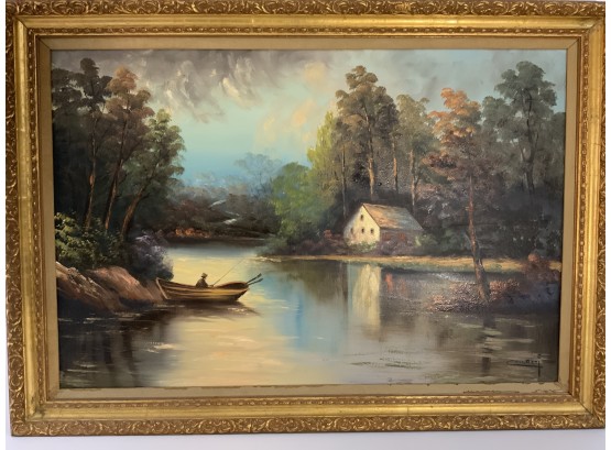 Peaceful Evening On The Lake Oil On Canvas Signed Collazzi