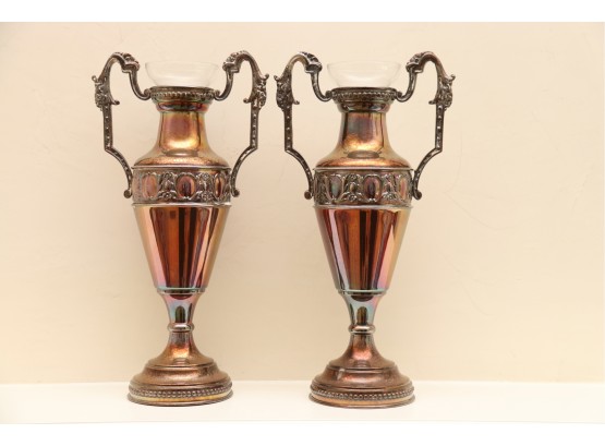 Pair Of Dual Shoulder Silver Plated Vases