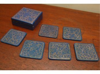 Set Of 6 Blue & Gold Decorative Coasters With Box