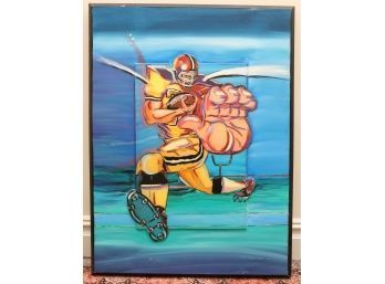Football Running Back Oil On Canvas Painting Signed Soloman