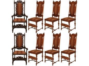 Set Of 8 Jacobean Carved Oak Barley Twist Dining Chairs