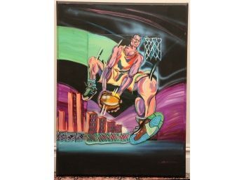 Slam Dunk Basketaball Player Oil On Canvas Painting Signed Soloman