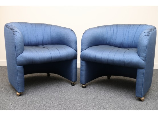 Pair Of Post Modern Blue Barrel Chairs In The Style Of Maurice Villency
