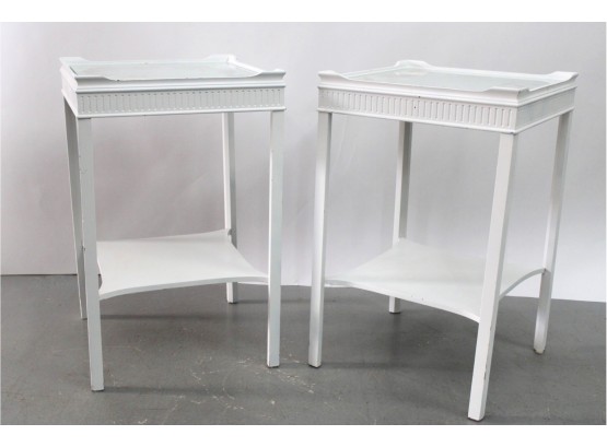 Pair Of Seashell Decoupage White Painted Side Tables With Glass Tops