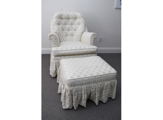 White & Pink Leaf Custom Upholstered Swivel Chair & Ottoman