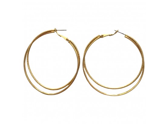 Pair Of Double Hoop Gold Colored Earrings