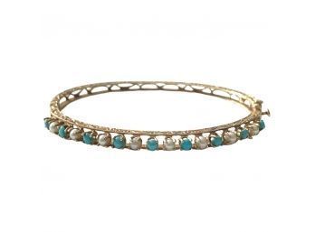 Victorian Revival 14k Gold & Turquoise Hinged Bangle Bracelet