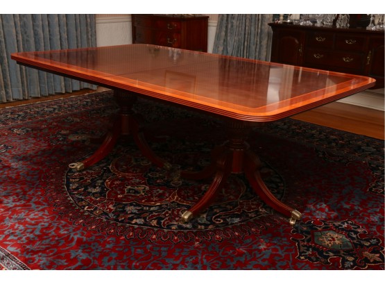 Banded Mahogany Dual Pedestal Dining Table With Two Leaves