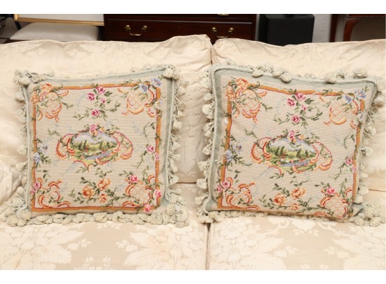 Pair Of Down Filled Needlepoint Throw Pillows