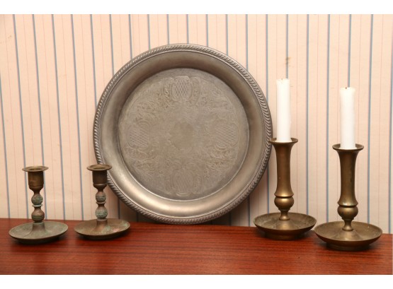 Silver Plate Tray With Four Brass Candle Sticks