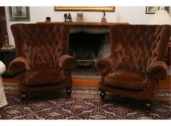 Pair Of Lillian August Brown Tufted Back High Back Armchairs