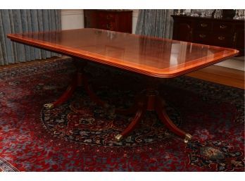 Banded Mahogany Dual Pedestal Dining Table With Two Leaves