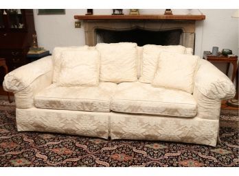 Thomasville Traditional Cream Damask Sofa With Throw Pillows