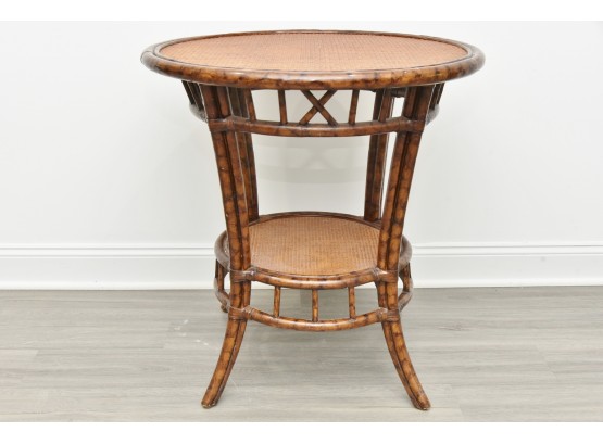 Burl Wood And Rattan Round Side Table